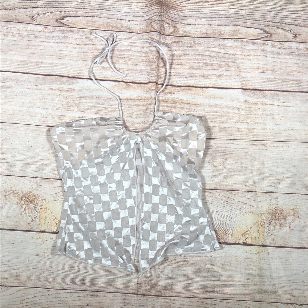 Y2K Festival Halterā Crop Top with Cutaway Sheer Mesh Checkers